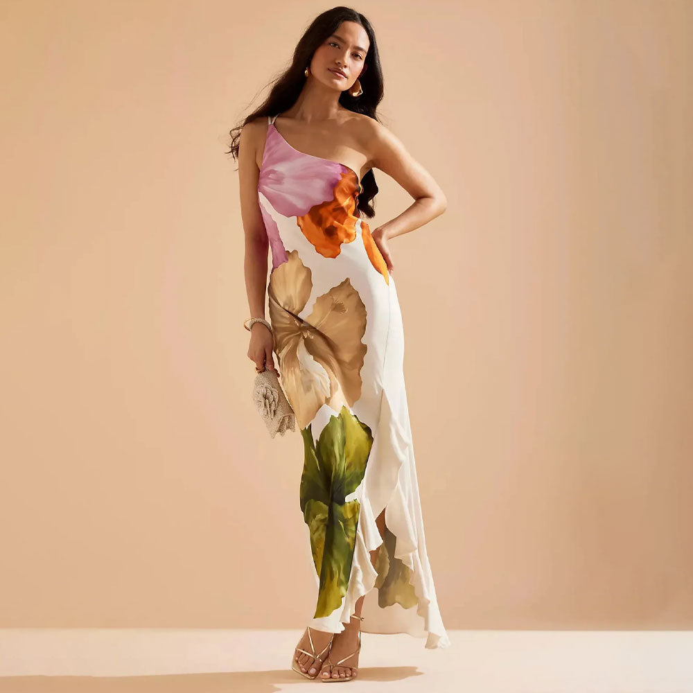 One Shoulder Feestjurk met Print