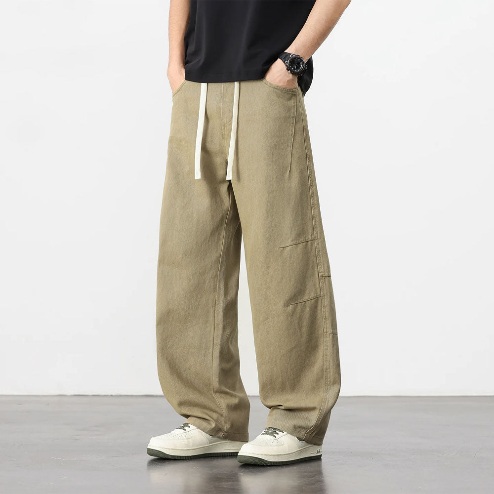 Retro losse workwear broek van puur katoen in kaki met trekkoord en zakken.